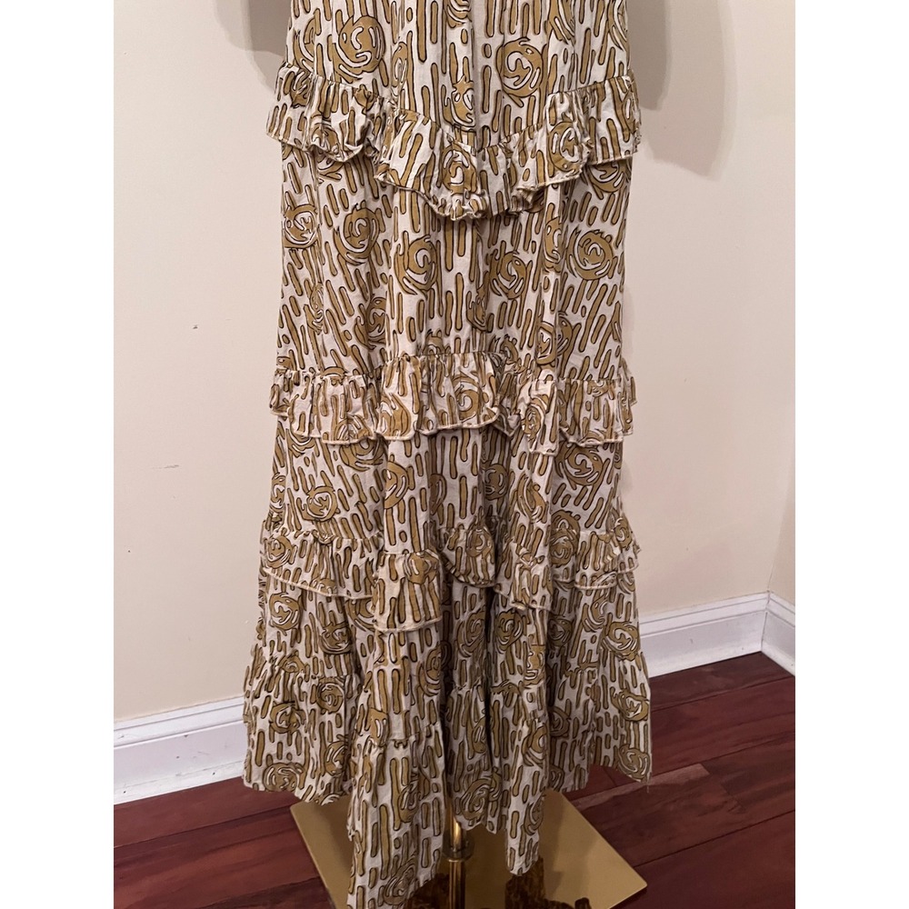 Anna Cate Mustard Cream Abstract Print Tiered Cotton Maxi Dress Puff Sleeve M - Picture 6 of 7
